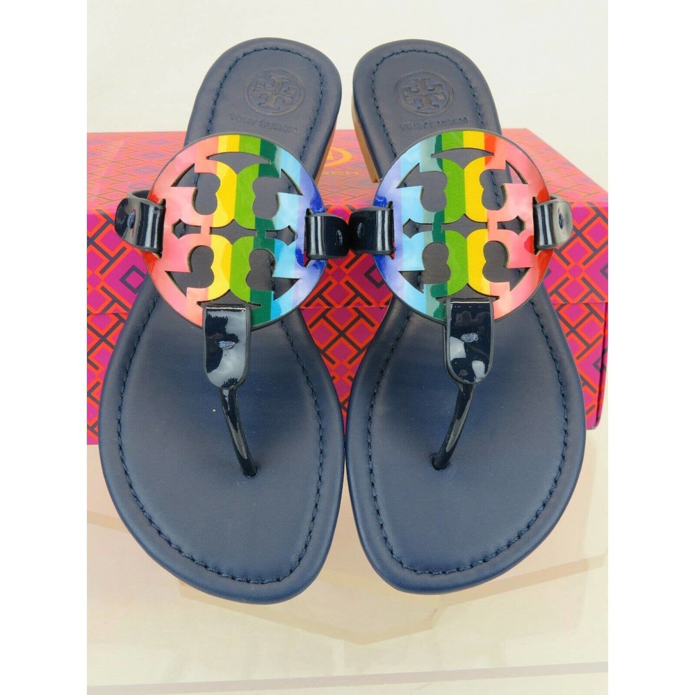 TORY BURCH MILLER ROYAL NAVY RAINBOW REVA LEATHER FLATS THONG SLIDES SANDALS 7 - Picture 7 of 12